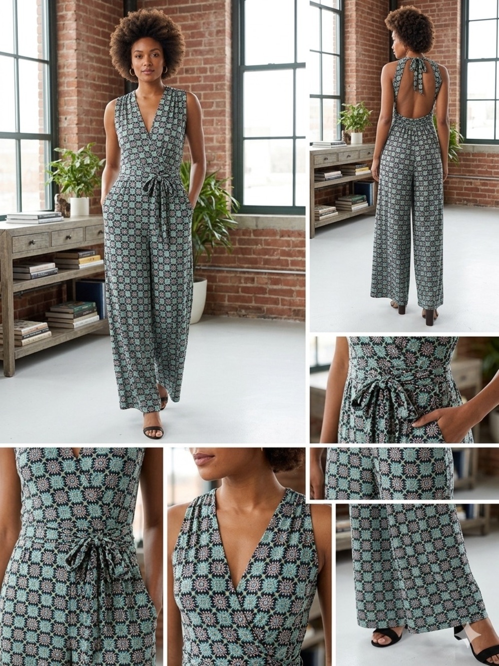 Free People Teal & Black Geometric Open-Back Jumpsuit